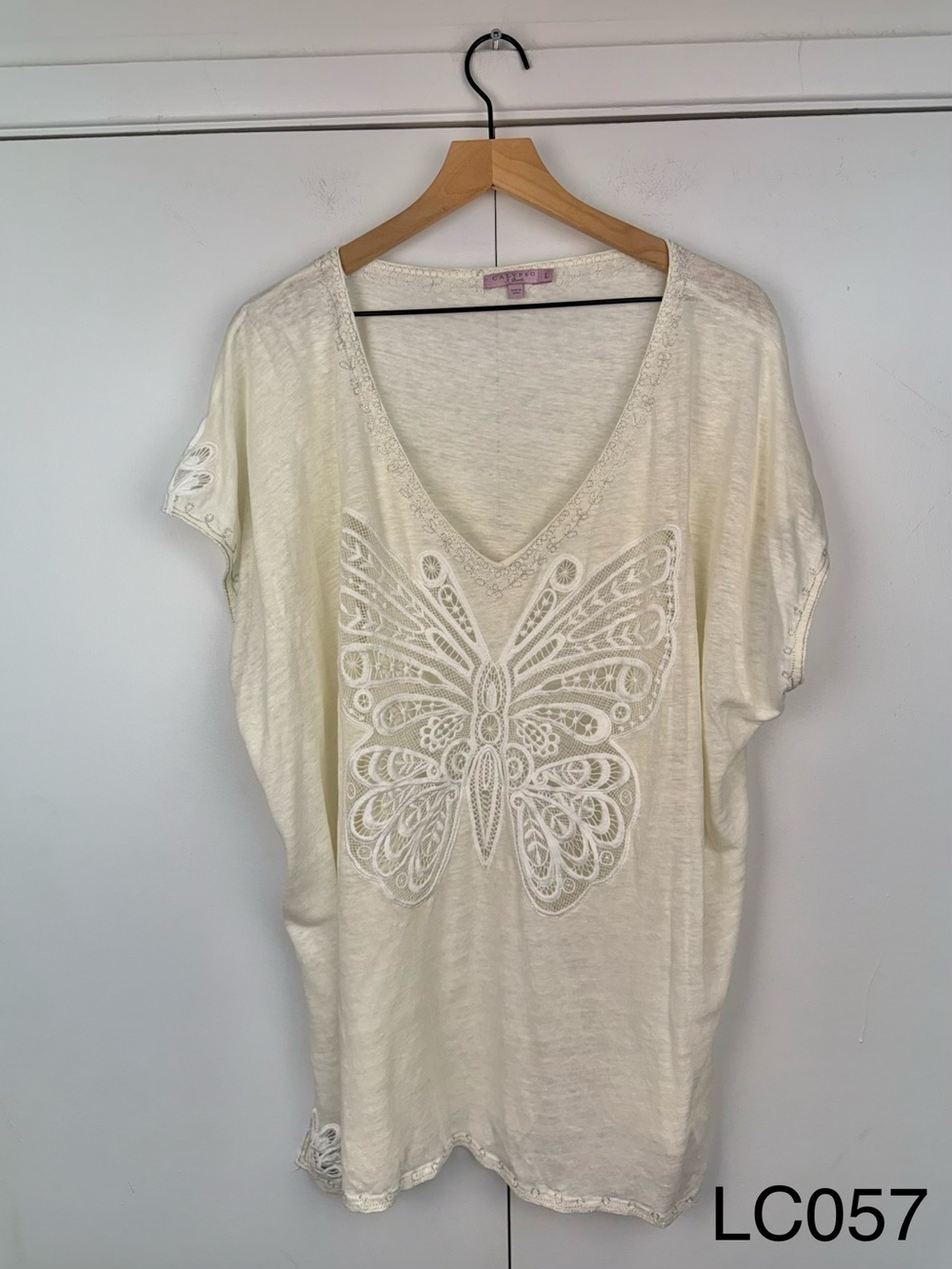 Calypso St. Barth Butterfly Embroidered Linen Top Ivory L